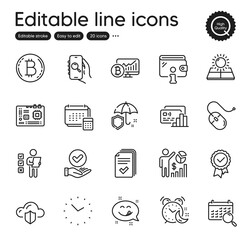 Set of Technology outline icons. Contains icons as Time, Approved checkbox and Card elements. Search app, Handout, Search calendar web signs. Umbrella, Tested stamp, Voting ballot elements. Vector