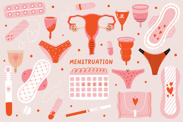 Big collection of female menstruation period elements. Protection for menstrual period in critical days. Intimate hygiene health for vagina. Hand Drawn vector illustration
