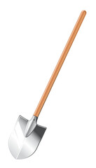 One big shovel with long wooden handle in front view isolated illustration, gardening tool equipment, spring work with classic shovel tool with oval metal base