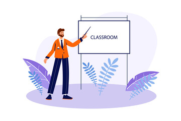 School learning concept with people scene in the flat cartoon design. Teacher explains on the whiteboard the rules of behavior in the classroom.