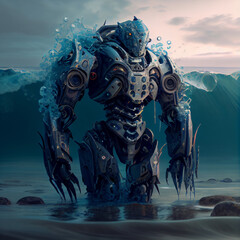 Warforged robot made of sea with a complicated face, natural background