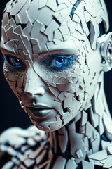 Artificial intelligence driven robot head, automaton, cybernetic evolution of technology ,not a real person, made with Generative AI