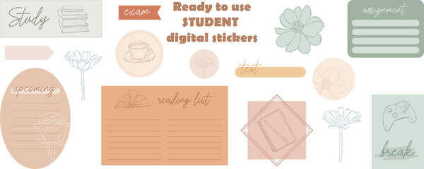 Student's digital stickers. Digital note papers and stickers for digital bullet journaling or planning. Ready to use digital stickers for digital planner. Hand lettering. Minimal style. Vector art.