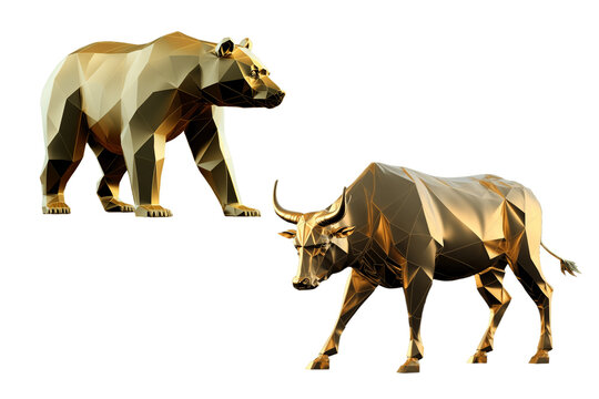 Shiny, multi-faceted illustration of a gold bull and bear on a transparent background, representing the stock market, generative ai

