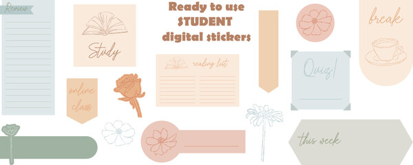 Student's digital stickers. Digital note papers and stickers for bullet journaling or planning. Ready to use digital stickers for planner. Hand lettering. Minimal style. Vector art. - 563929522