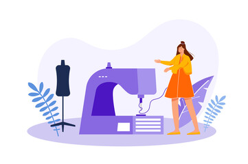 Creative workers concept with people scene in the flat cartoon design. Girl is engaged in sewing new creative clothes.
