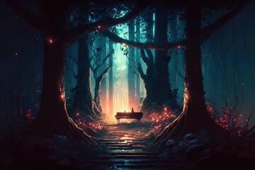 Magical fantasy fairy tale scenery with piano, night in a forest ,made with Generative AI