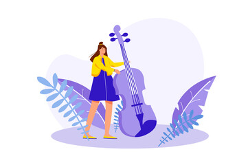 Creative workers concept with people scene in the flat cartoon design. Musician creates a new melody and tries to play it on the violin.