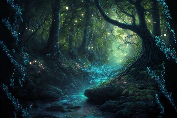 Fototapeta premium Magical fantasy fairy tale scenery, night in a forest ,made with Generative AI