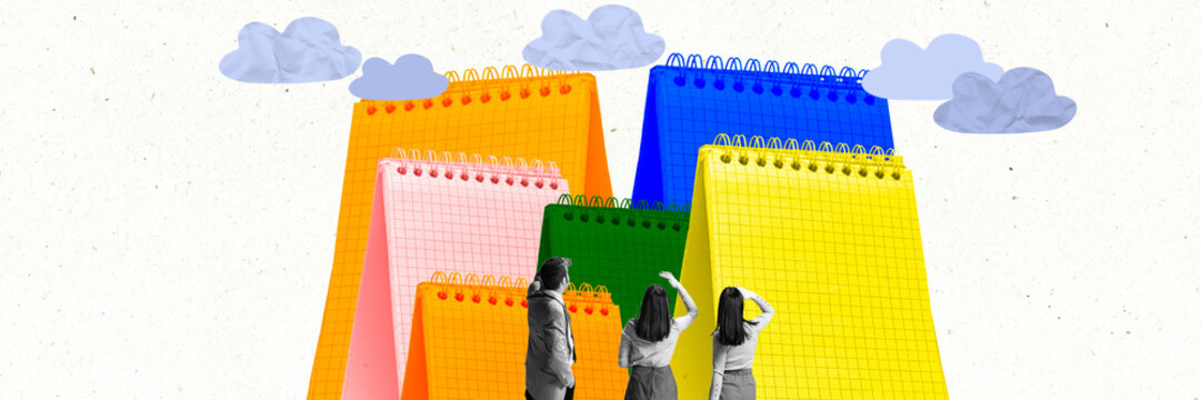 People standing and looking at giant drawn copybooks. Contemporary art collage, modern design. Concept of education, self-development, personal growth, goal achievement.