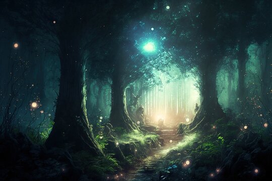 Magical fantasy fairy tale scenery, night in a forest ,made with Generative AI