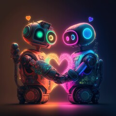 A couple of cute happy robots in love ,made with Generative AI