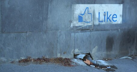 Like button sign used on the Internet, a thumbs up symbolizing the word like and the word like painted in blue and white paint on a gray stone wall. The concept of modern youth urban culture - Powered by Adobe