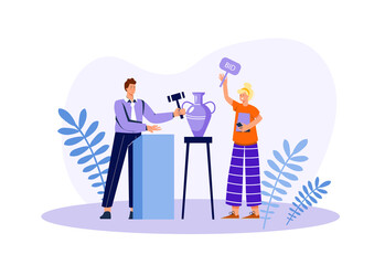 Auction concept with people scene in the flat cartoon design. Auction participant wants to buy an antique vase presented by the host.