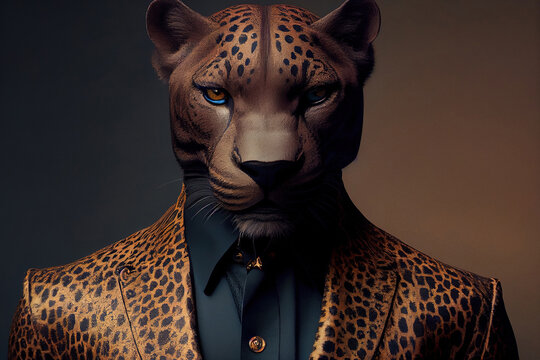 Portrait of a leopard in elegant business suit outfit. Serious boss concept.  
Digitally generated AI image.