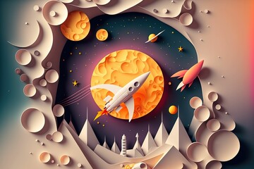 Paper cut rocket in space background illustration ,made with Generative AI