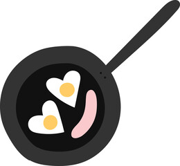 Valentine romantic breakfast in pan with sausage and fried eggs in heart shape. Valentines day hand drawn element in cute cartoon doodle style, png illustration