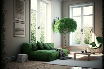 bright and cozy living room with a green couch and modern decoration elements, natural lighting, big windows, illustration, ai art