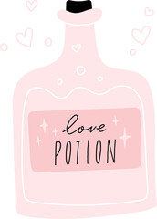 Valentine romantic magic potion. Love potion in pink bottle. Valentines day hand drawn element in cute cartoon doodle style, png illustration