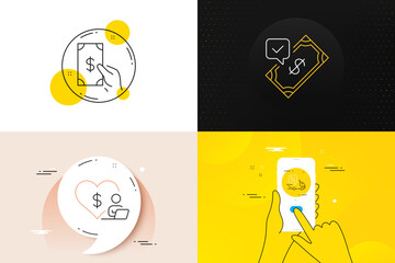 Minimal set of Accepted payment, Receive money and Volunteer line icons. Phone screen, Quote banners. Delivery discount icons. For web development. Bank transfer, Cash payment, Social care. Vector