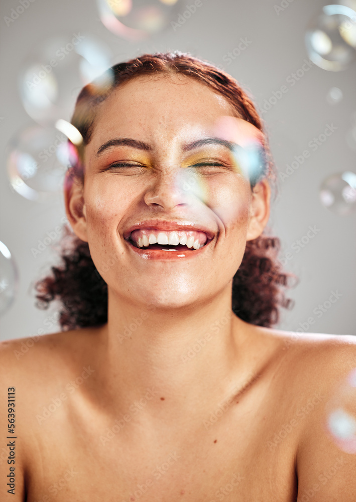 Wall mural Bubbles, happy face and beauty woman in studio for skincare cosmetics, natural skin and dermatology. Facial makeup, health and wellness of comic model person with luxury body product glow and peace