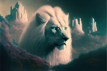 Obraz na płótnie Canvas Elegant Blue eyes White Lion Generative Ai