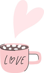 Valentine romantic cup of hot chocolate or cocoa with marshmallow. Heart shape steam. Valentines day hand drawn element in cute cartoon doodle style, png illustration