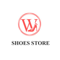 Initial W Letter with Female Shoes High Heels for Ladies Shoes Store, Shoes Fashion Company Logo Idea Template