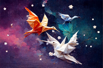 Obraz na płótnie Canvas Origami birds. Ai llustration, fantasy digital painting, artificial intelligence artwork.