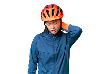 Young cyclist woman over isolated chroma key background with neckache - obrazy, fototapety, plakaty