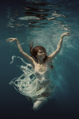 Portrait of a girl with long hair in a white dress with ribbons underwater