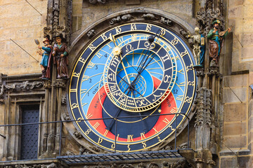 Prague astronomical clock close-up. The main attraction of the capital of the Czech Republic. Background