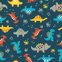 Cute dinosaurs seamless pattern. Colorful vector illustration for childish design, clothes, toys. Multidirectional design for print perfect for boys t-shirt, pajama.