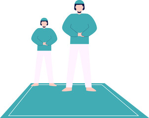 Two men wearing all-green clothes with wardah, complete with caps and prayer rugs, are sitting praying
