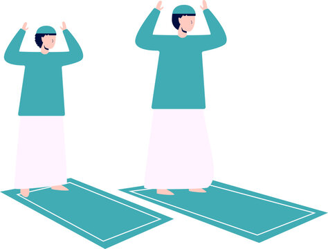 Two men wearing all-green clothes with wardah, complete with caps and prayer rugs, are sitting praying
