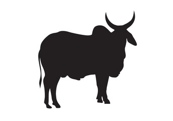 Standing bull or ox silhouette vector. Angry bull with horns, Indian cattle breed.