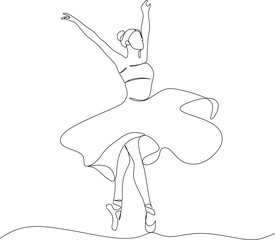 Classical female dancer in continuous line art drawing style. Girl dancing black line sketch on white background. Vector illustration
