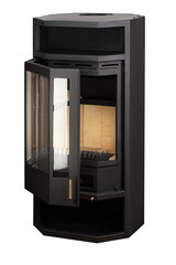 Modern fireplaces for heating from metal and heat-resistant glass. Boiler for solid fuel isolated on white background.