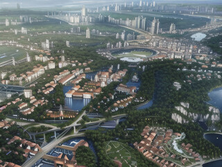 Fototapeta na wymiar Generative AI aerial view of the city bird eye view and water city