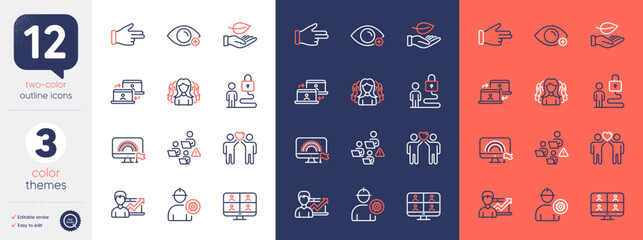 Set of Teamwork, Success business and Click hand line icons. Include Leaf, Women group, Friends couple icons. Engineer, Outsource work, Lock web elements. Video conference. Vector