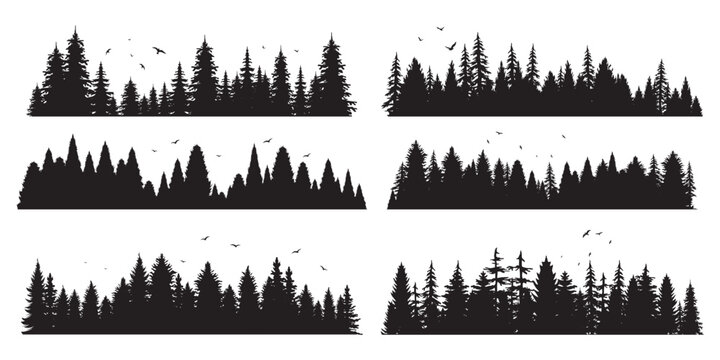 Collection of horizontal fir tree silhouettes and flying birds