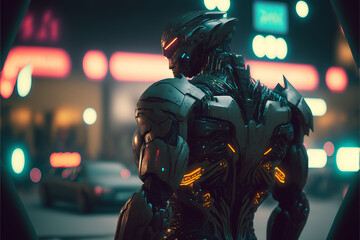 Robot man cyberpunk 2077 night city. Digital designer cartoon art illustration.3D render.