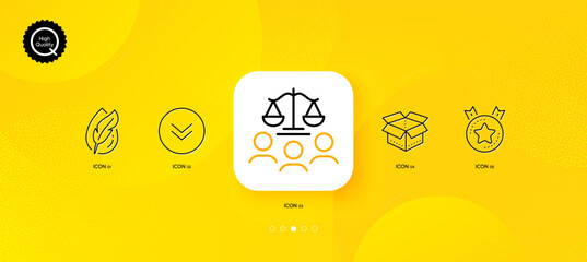 Ranking star, Court jury and Scroll down minimal line icons. Yellow abstract background. Open box, Hypoallergenic tested icons. For web, application, printing. Vector