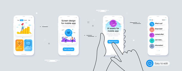 Set of True love, Love him and Genders line icons. Phone ui interface. Include Inclusion, Valentine, Friend icons. Hold heart web elements. For web, application. Vector