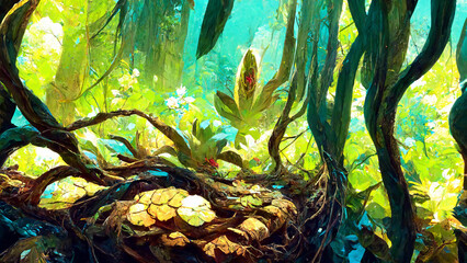 forest Mayan style riverside flowers and trees illustration art Generative AI Content by Midjourney