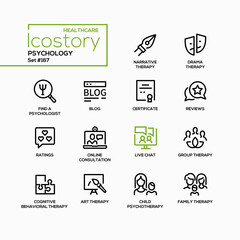 Psychology and therapy - line design style icons set