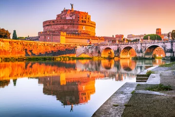 Foto auf Glas Rome, Italy. Castel Sant'Angelo and Ponte Aelius water reflection Tiber River. © ecstk22