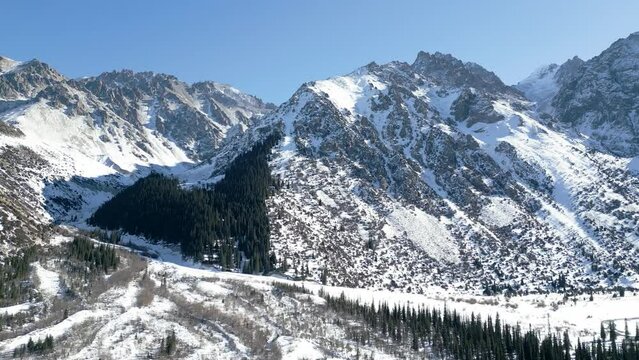 Aerial view of snow capped mountains and fir trees in the winter park