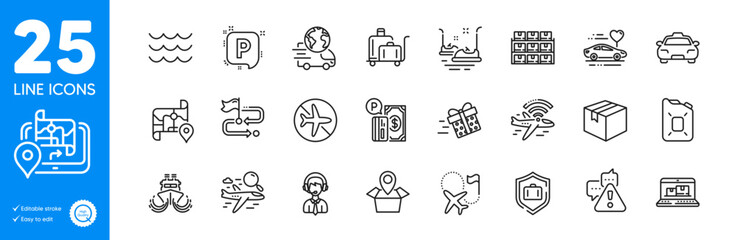 Outline icons set. Honeymoon travel, Search flight and Boxes shelf icons. Delivery service, Luggage protect, Present delivery web elements. Map, Destination flag, Parking signs. Vector