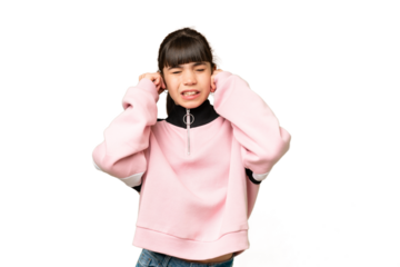 Little girl over isolated green chroma key background frustrated and covering ears